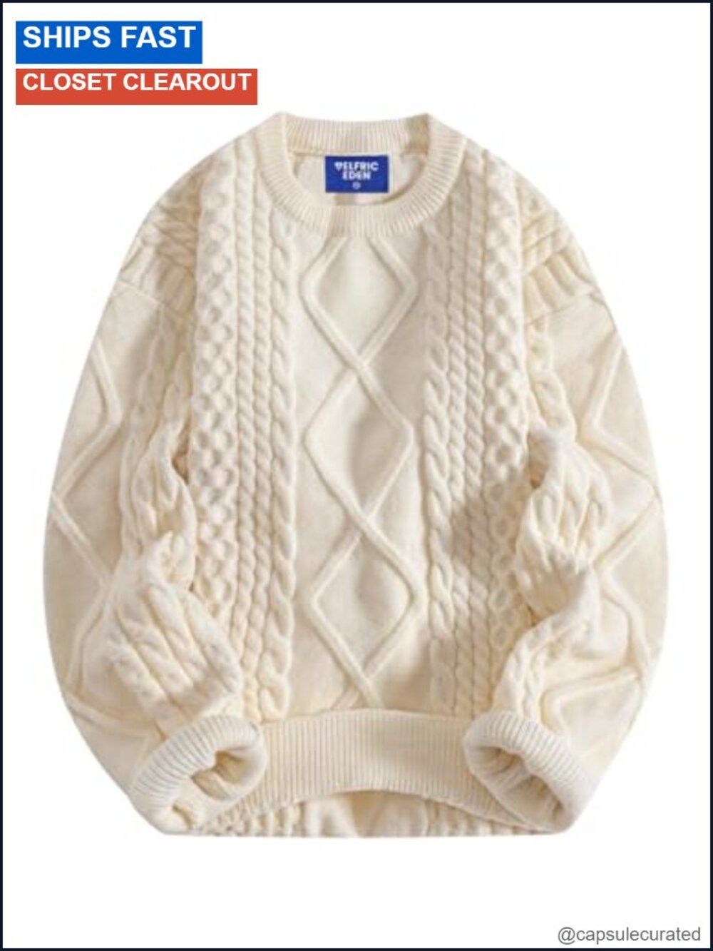 Oversized Cable Knit Crewneck Sweater Vintage Pullover Long Sleeve